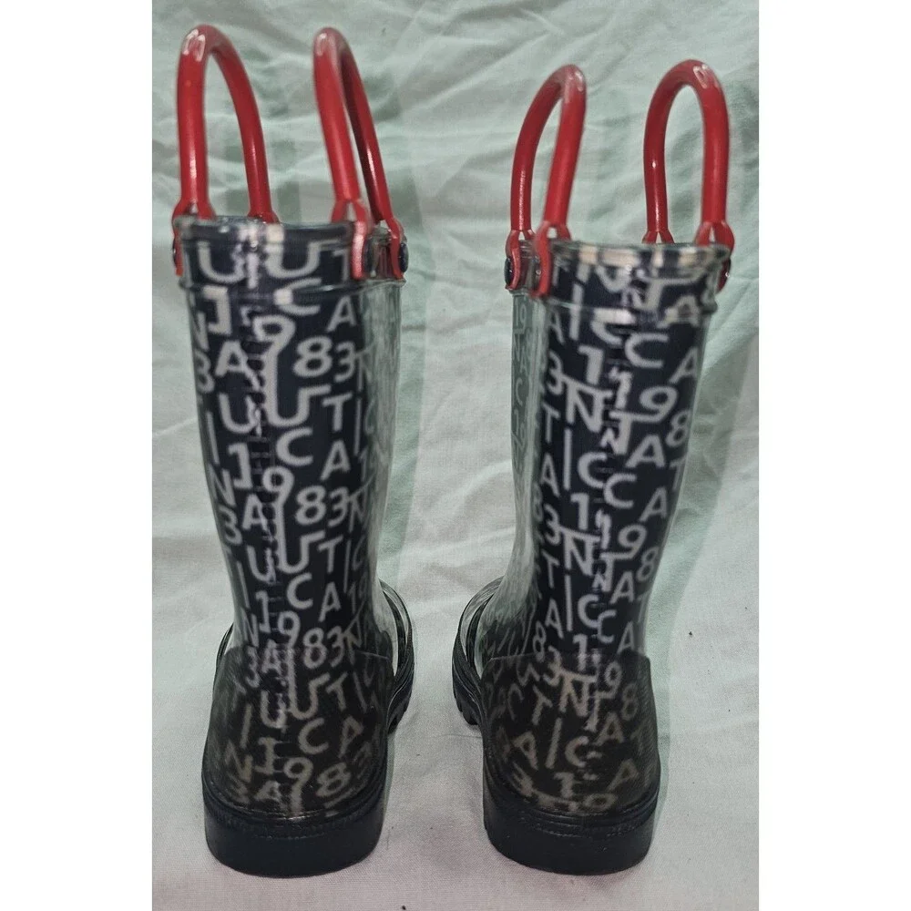 Nautica Kids’ Rain Boots – Size 5 | Alphanumeric Pattern With Red Handles